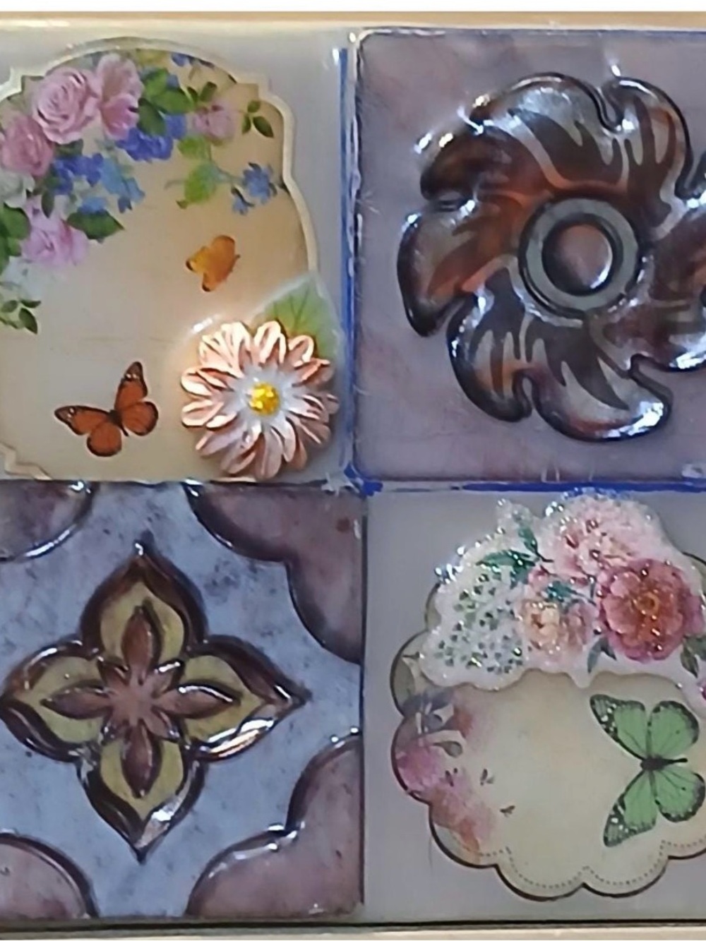 Handmade Decorations Floral Ceramic Wall Art Tiles - Pink, Green & Brown